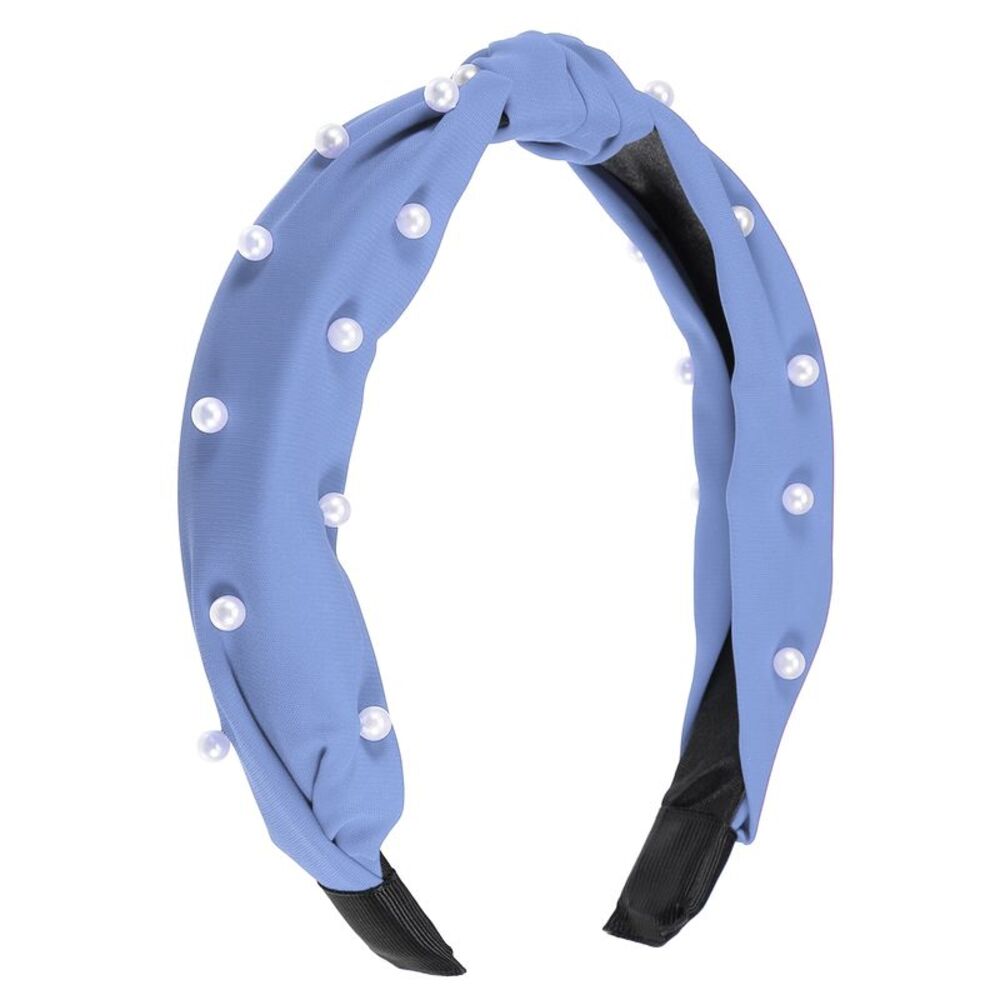Satin Knotted Pearl Headband Hairband Blue 1.1 Inch Wide